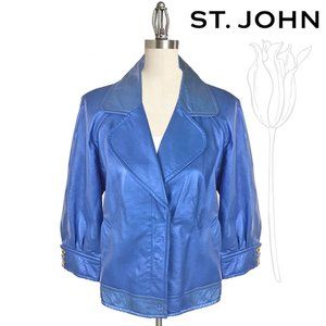 St John Blue Pearlized Leather Moto Jacket